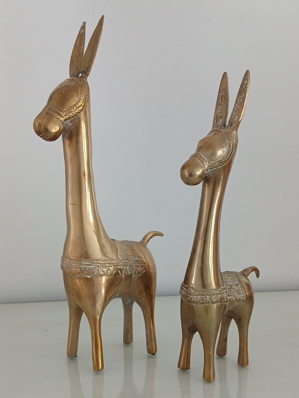 Vintage Mid-Century Brass Long Neck Donkey Llama Alpaca Figurines Set Of 2